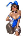  1girl animal_ears arm_behind_back armlet bad_id bad_twitter_id bare_shoulders black_bow black_bowtie black_hair blue_leotard blush blushyspicy bow bowtie breasts brown_eyes brown_lips cleavage dark-skinned_female dark_skin detached_collar eye_of_horus facial_mark facial_tattoo fake_animal_ears gold grey_pantyhose hair_ornament kneeling large_breasts leotard lips open_mouth overwatch pantyhose pharah_(overwatch) playboy_bunny rabbit_ears short_hair simple_background solo strapless strapless_leotard sweatdrop tattoo thick_eyebrows transparent_background white_background wrist_cuffs 