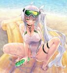  1girl absurdres ahoge air_mattress barefoot bikini breasts cameltoe cleavage commission competition_swimsuit covered_nipples feet green_eyes grey_hair hair_ornament highres indie_virtual_youtuber kiyama_satoshi large_breasts legs long_hair looking_at_viewer lotion micro_bikini no_shoes one-piece_swimsuit rimuchi_(virtual_youtuber) side_ponytail skeb_commission smile solo spread_legs squatting swimsuit tiptoes toenails toes tongue tongue_out virtual_youtuber white_one-piece_swimsuit 