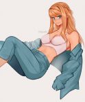  1girl aiphelix alternate_costume blonde_hair blue_eyes blue_pants blue_shirt bra fullmetal_alchemist highres long_hair navel open_clothes open_shirt pants shirt simple_background smile solo underwear white_bra winry_rockbell 