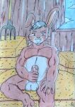  absurd_res anthro arm_tuft balls belly blue_eyes brown_body brown_fur chubby_anthro chubby_belly chubby_male dashthefox day digit_ring facial_hair farm farmer fur genitals goatee grey_hair hair hand_on_leg hay hay_bale hi_res jewelry lagomorph leporid long_ears male mammal masturbation mature_male musclegut muscular mustache pecs penis pink_nose pink_penis rabbit ring slightly_chubby smile solo thick_penis traditional_media_(artwork) tuft vein veiny_penis wedding_ring 