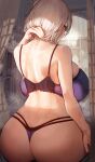  1girl absurdres alicia_renato_(yashiro_sousaku) ass bare_shoulders bra breasts commission curtains from_behind highres huge_breasts indoors looking_to_the_side marse_(rokudaime) original shelf short_hair sitting solo thong underwear white_hair wide_sleeves 