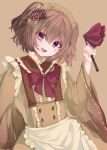  1girl :d alternate_costume brown_background commentary hayuk0 highres looking_at_viewer maid maid_headdress motoori_kosuzu open_mouth red_eyes simple_background smile solo touhou two_side_up 