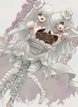  2girls bandaged_leg bandages bare_shoulders barefoot belt conjoined detached_sleeves doll_joints dress flower gears hair_flower hair_ornament highres joints judica_(rozen_maiden) kiru_(m_putorius) long_hair looking_at_viewer madulin_(rozen_maiden) multiple_belts multiple_girls neck_ribbon one-eyed open_mouth ribbon rose rozen_maiden smile white_dress white_flower white_hair white_ribbon white_rose yellow_eyes 