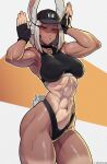  1girl abs absurdres animal_ears boku_no_hero_academia choker crescent fingerless_gloves gloves hat highres jewelry long_eyelashes looking_at_viewer mirko muscular muscular_female necklace rabbit_ears rabbit_tail red_eyes signature solo stopu tail tank_top 