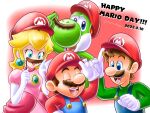  1girl 3boys artist_name big_nose blonde_hair blue_eyes blue_overalls brooch brothers brown_hair closed_eyes colored_skin dinosaur dress elbow_gloves facial_hair fake_facial_hair fake_mustache gloves green_shirt green_skin hat highres jewelry lipstick long_hair long_sleeves luigi makeup mario mario_(series) mario_day mario_dragon multiple_boys mustache overalls pink_dress pink_lips princess_peach puffy_short_sleeves puffy_sleeves red_headwear red_shirt reptile shirt short_sleeves siblings sphere_earrings twitter_username white_gloves yoshi 