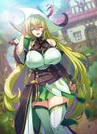  1girl absurdres bare_shoulders belt breasts elbow_gloves elf elsword gloves green_eyes green_hair hat highres large_breasts long_hair looking_at_viewer pointy_ears rena_erindel restart solo thighhighs very_long_hair 