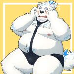  1:1 2023 anthro belly big_belly black_nose blush canid canine canis clothed clothing domestic_dog hi_res kemono lifewonders live_a_hero male mammal mankini moobs nipples overweight overweight_male simple_background skimpy solo yaki_atsuage yohack 