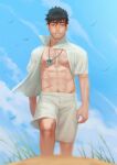  1boy abs bare_pectorals beach chest_hair cloud collared_shirt day facial_hair highres kia_shie male_focus male_swimwear navel nipples open_clothes open_shirt outdoors pectorals qrow_branwen rwby shirt sky solo white_male_swimwear white_shirt 