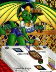  anthro badgerben beer_glass blonde_hair crystal_(badgerben) cutlery detailed_background dragon female green_body green_scales hair horn jeans_shorts kitchen_utensils knockers_restaurant light moonlight night plant restaurant scales solo tongue tongue_out tools tray wings 
