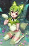  1girl :d animal_hands blush breasts commentary_request ekakima_kuru_(artist) eyelashes fangs flower gloves grass green_hair green_thighhighs hands_up highres medium_hair open_mouth outdoors paw_gloves personification pokemon pokemon_ears purple_flower red_eyes short_shorts shorts smile solo sprigatito thighhighs thighs tongue 
