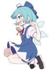  1girl absurdres ahoge black_footwear blue_bow blue_dress blue_eyes blue_hair blush_stickers bow cirno collared_shirt dress fairy from_side full_body hair_bow highres ice ice_wings kame_(kamepan44231) open_mouth pinafore_dress shirt shoes short_hair short_sleeves simple_background sleeveless sleeveless_dress smile socks solo touhou white_background white_shirt white_socks wings 