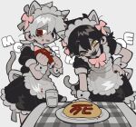  2boys absurdres animal_ears apron black_dress black_hair black_nails bow bowtie cat_boy cat_ears cat_tail crossdressing dark_konoha dress food hair_bow highres kagerou_project konoha_(kagerou_project) low_ponytail maid maid_headdress multiple_boys omelet omurice pink_bow pink_bowtie plate puffy_short_sleeves puffy_sleeves red_eyes short_ponytail short_sleeves simple_background slit_pupils tail tonkatsu184 white_apron white_background white_hair wrist_cuffs yellow_eyes 