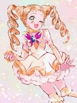  1girl ;d blonde_hair butterfly_brooch butterfly_earrings choker cure_lemonade drill_hair earrings jewelry kasugano_urara_(yes!_precure_5) long_hair magical_girl momokokoj13 one_eye_closed precure short_bangs smile solo twin_drills yellow_choker yellow_eyes yes!_precure_5 