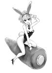  1girl absurdres animal_ears bare_shoulders black_leotard breasts bunny_day carrot commentary_request detached_collar fake_animal_ears full_body high_heels highleg highres leotard long_bangs long_hair looking_at_viewer necktie original oversized_food oversized_object playboy_bunny rabbit_ears rabbit_tail smile solo souryu strapless strapless_leotard tail v white_background wrist_cuffs 