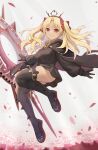  1girl absurdres black_cape black_dress black_gloves black_thighhighs blonde_hair bomberca309 breasts cape dark-skinned_female dark_skin dress earrings ereshkigal_(fate) ereshkigal_alter_(fate) fate/grand_order fate_(series) field flower flower_field full_body fur-trimmed_cape fur_trim gloves hair_ribbon highres hoop_earrings jewelry long_hair long_sleeves looking_at_viewer medium_breasts parted_bangs petals red_eyes ribbon smile solo thighhighs tiara two_side_up weapon 