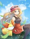  1girl blonde_hair blue_eyes breasts closed_mouth cloud collared_shirt commentary_request day eyelashes falling_leaves fennekin grass hat high-waist_skirt leaf long_hair outdoors pink_headwear pleated_skirt pokemon pokemon_(creature) pokemon_(game) pokemon_xy serena_(pokemon) shirt sitting skirt sky sleeveless sleeveless_shirt smile sunglasses thighhighs watermark white-framed_eyewear yomogi_(black-elf) 