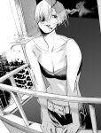  1girl bare_arms bare_shoulders belt belt_buckle black_bra bra buckle chainsaw_man cigarette eyepatch highres looking_to_the_side monochrome parted_lips ponytail quanxi_(chainsaw_man) smoke smoking solo stomach underwear white_hair yode 