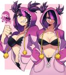 1girl absurdres black_hair black_nails breasts cleavage closed_mouth collarbone fang fang_out han_juri highres large_breasts looking_at_viewer maejpg_. multicolored_hair pajamas parted_lips purple_hair sharp_teeth short_hair smile solo street_fighter street_fighter_6 teeth 