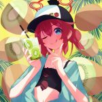  1girl :q alternate_costume baseball_cap blue_archive blue_eyes blush collarbone cup disposable_cup drinking_straw eyewear_hang eyewear_removed hair_bun halo hat highres holding maki_(blue_archive) makolas97 one_eye_closed open_clothes palm_tree red_hair shirt sidelocks smiley_face solo swimsuit tongue tongue_out tree v 