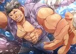  1boy abs air_bubble bara beard belt black_hair brown_belt brown_eyes bubble dagon_(housamo) dark-skinned_male dark_skin facial_hair fins fish_boy jewelry kontahsm large_pectorals long_sideburns looking_at_viewer male_focus mature_male muscular muscular_male necklace pants pectorals pillar purple_shirt reaching reaching_towards_viewer ring sharp_teeth shirt shirt_tucked_in short_hair sideburns signature smile solo stubble teeth tentacles thick_eyebrows tokyo_afterschool_summoners tongue tongue_out undercut underwater white_pants 