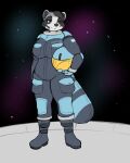  anthro armor astronaut big_breasts blackbetty breasts clothed clothing digital_media_(artwork) female franciene_(tango&#039;s_family) hair headgear helmet hi_res mammal procyonid raccoon smile solo space spacesuit star thick_thighs 