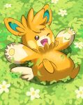  ;d absurdres animal_focus bright_pupils brown_eyes commentary_request day flower full_body grass happy highres jira_(ziraiya26) lying no_humans on_back one_eye_closed open_mouth outdoors outstretched_arms pawmot pokemon pokemon_(creature) smile solo tongue white_flower white_pupils 