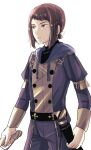  1boy absurdres alternate_costume brown_eyes brown_hair closed_mouth fire_emblem fire_emblem:_three_houses fire_emblem_fates garreg_mach_monastery_uniform highres hisame_(fire_emblem) hood hoodie looking_to_the_side male_focus misokatsuhaumai solo upper_body white_background 