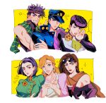  3boys 3girls battle_tendency blonde_hair blue_eyes breasts brown_eyes brown_hair chain closed_mouth coat diamond_wa_kudakenai dress earrings english_commentary eyewear_on_head father_and_son fingerless_gloves gakuran gloves grin hat heart higashikata_josuke higashikata_tomoko highres jewelry jojo_no_kimyou_na_bouken joseph_joestar joseph_joestar_(young) kujo_holy kujo_jotaro lisa_lisa long_hair long_sleeves mature_female mother_and_son multiple_boys multiple_girls off-shoulder_dress off_shoulder oratoza pompadour purple_hair red_lips scarf school_uniform short_hair smile stardust_crusaders striped striped_scarf sunglasses 