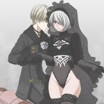  1boy 1girl black_choker black_gloves black_hairband black_jacket black_leotard black_pants black_thighhighs blue_eyes breasts choker cleavage closed_eyes closed_mouth covered_navel gloves grey_background grey_hair hair_over_one_eye hairband hand_on_another&#039;s_hip highleg highleg_leotard highres jacket leotard long_sleeves medium_breasts mole mole_under_mouth nier:automata nier_(series) no_blindfold pants shirl_geem short_hair smile thighhighs veil yorha_no._2_type_b yorha_no._9_type_s 