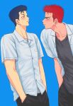  2boys bishounen black_eyes black_hair black_pants black_shirt blue_background blush closed_mouth couple court_oven cowboy_shot eye_contact hands_in_pockets highres looking_at_another male_focus mito_youhei multiple_boys open_clothes open_shirt pants pompadour profile red_hair sakuragi_hanamichi shirt short_hair simple_background slam_dunk_(series) sweatdrop white_shirt yaoi 