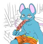  2023 anthro blue_body blush bottomwear bulge clothing food food_fetish hi_res humanoid_hands kemono letter_route male mammal mouse murid murine nipples rodent shorts sitting solo suggestive suggestive_food 