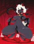  anthro black_body black_breasts black_fur bovid breasts caprine covering covering_breasts cult_of_the_lamb female fur hair hi_res lamb_(cult_of_the_lamb) mammal navel nude purrynx red_eyes ritual seductive sheep smile solo spread_legs spreading tentacles tongue tongue_out white_hair 
