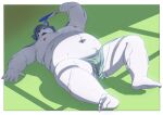  2023 absurd_res anthro balls belly big_belly bodily_fluids canid canine canis clothing domestic_dog genitals hi_res kemoniku120 kemono lying male mammal moobs navel nipples overweight overweight_male solo sweat underwear 