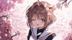  1girl angelica_n19 blush brown_hair cardcaptor_sakura cherry_blossoms female_child kinomoto_sakura one_eye_closed open_mouth outdoors sailor_collar school_uniform serafuku solo tomoeda_elementary_school_uniform tree white_sailor_collar 