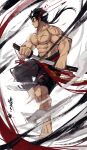  1boy abs bara blood blood_splatter boogbogex chinstrap_beard fighting_stance from_side full_body highres holding holding_sword holding_weapon large_pectorals long_hair low_ponytail male_focus mature_male muscular muscular_male nipples original pectorals scar serious sheath solo stomach strongman_waist sword topless_male unsheathing weapon 