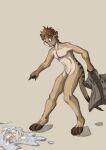  after_transformation anthro brown_body brown_fur brown_hair clothing eleode fur gesture hair herpestid male mammal meerkat nude open_mouth pointing puddle reflection shirt simple_background solo striped_body striped_fur stripes topwear 