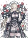  1girl absurdres armor armored_dress armored_gloves black_thighhighs blonde_hair blurry braid breasts chain chromatic_aberration cleavage closed_mouth depth_of_field dress expressionless falling_petals flower hand_up highres leg_ribbon long_hair looking_at_viewer original ornament petals ribbon rose rose_petals senano-yu shoulder_pads single_thighhigh small_breasts solo standing thighhighs white_background yellow_eyes 
