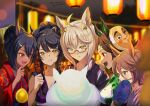  5girls :t animal_ears biwa_hayahide_(umamusume) black_hair black_kimono blue_eyes blurry blurry_background blurry_foreground breasts brown_hair cleavage closed_mouth collarbone commentary_request dated depth_of_field eating floral_print food glasses green_kimono grey_hair hair_between_eyes hand_fan hishi_amazon_(umamusume) holding holding_fan holding_food horse_ears japanese_clothes kimono kuzumochi_(kuzumochiya) lantern long_hair mask mask_on_head medium_breasts multiple_girls narita_brian_(umamusume) narita_taishin_(umamusume) obi paper_fan paper_lantern parted_bangs pink_kimono print_kimono red-framed_eyewear red_eyes red_kimono sash semi-rimless_eyewear summer_festival twitter_username uchiwa umamusume under-rim_eyewear watermark winning_ticket_(umamusume) yellow_eyes 