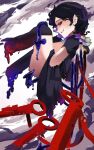  1girl asymmetrical_wings black_dress black_hair blue_wings dauchimk_1 dress from_side full_body grey_background grin houjuu_nue melting over-kneehighs profile red_wings short_hair short_sleeves sideways_glance simple_background smile solo thighhighs touhou white_background wings 