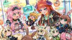  2girls :d :q amiya_(arknights) animal_ear_fluff animal_ears aqua_eyes arknights bagpipe_(arknights) black_hairband blonde_hair blue_hairband blunt_bangs blush bracelet braid brown_hair cat_ears cat_girl character_doll closed_eyes closed_mouth commentary copyright_name crane_game demon_girl demon_horns earpiece english_commentary fox_ears fox_girl frown goldenglow_(arknights) green_eyes green_hair hairband highres horns horse_ears horse_girl infection_monitor_(arknights) jewelry kal&#039;tsit_(arknights) kitsune kroos_(arknights) kyuubi long_hair low_tied_sidelocks multiple_girls multiple_tails nearl_(arknights) official_art open_mouth pink_hair ponytail purple_eyes rabbit_ears rabbit_girl red_hair second-party_source short_hair side_braid sidelocks smile stuffed_toy suzuran_(arknights) tail tongue tongue_out twin_braids wavy_mouth yellow_eyes yooki_(winter_cakes) 