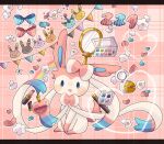  animal_focus blue_bow bow commentary_request cosmetics eevee espeon eyeshadow_box flareon flower hanabusaoekaki heart jolteon letterboxed lipstick lipstick_tube makeup mirror no_humans open_mouth pink_background pink_bow pokemon pokemon_(creature) rainbow ribbon sitting solid_oval_eyes streamers sylveon two-tone_bow umbreon vaporeon white_bow white_flower white_ribbon 