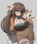  1girl absurdres animal_ears arm_behind_back bell black-framed_eyewear borrowed_character breasts brown_hair brown_skirt cleavage cow_ears cow_girl cow_tail cowbell ear_tag furry furry_female glasses green_eyes green_horns grey_background hairband highres horns large_breasts long_hair looking_at_viewer neck_bell orange_hairband original simple_background skirt tail twintails whooo-ya 
