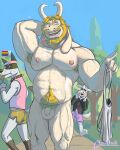  2_horns anthro asgore_dreemurr bodily_fluids bovid canid canine canis caprine clothed clothing dogamy doggo_(undertale) domestic_dog erection erection_under_clothing glass0milk goat group hi_res horn male male/male mammal muscular muscular_anthro muscular_male nipples pecs sweat trio undertale undertale_(series) 