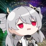  1girl black_headwear chinese_commentary drill_hair earrings grey_hair honkai_(series) honkai_impact_3rd jewelry looking_up luyue meme open_mouth prometheus_(honkai_impact) red_eyes solo upper_body 