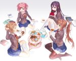  4girls absurdres ahoge arm_at_side arm_up black_thighhighs blazer blue_skirt book bow breasts brown_hair brown_jacket brown_vest buttons cherry closed_eyes collared_shirt commentary convenient_leg cookie covered_mouth cup cupcake doki_doki_literature_club eating english_commentary english_text facing_viewer fang food from_side fruit full_body green_eyes hair_between_eyes hair_bow hair_intakes hair_ornament hair_over_shoulder hair_ribbon hairclip hand_up hands_up highres holding holding_book holding_cookie holding_cup holding_food holding_saucer indian_style jacket jyuma kneehighs knees_together_feet_apart knees_up lapels light_brown_hair light_particles long_hair long_sleeves looking_at_another medium_breasts monika_(doki_doki_literature_club) muffin multiple_girls natsuki_(doki_doki_literature_club) neck_ribbon no_shoes notched_lapels open_book open_clothes open_hands open_jacket open_mouth outstretched_arm parted_lips pink_eyes pink_hair pleated_skirt pocket ponytail purple_eyes purple_hair red_bow red_ribbon ribbon saucer sayori_(doki_doki_literature_club) school_uniform shadow shirt short_hair simple_background sitting skirt sleeves_past_wrists small_breasts socks straight_hair tea tea_party teacup teapot thighhighs tray two_side_up v-shaped_eyebrows very_long_hair vest wariza white_background white_bow white_shirt white_socks wing_collar x_hair_ornament yokozuwari yuri_(doki_doki_literature_club) zettai_ryouiki 