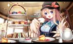  1girl black_headwear blonde_hair blue_eyes blurry blurry_background breasts burger character_name cleavage cleavage_cutout clothing_cutout collared_shirt commission cup flower food fork ggnbsky green_neckerchief harpy hat hat_ribbon highres holding holding_cup holding_fork indie_virtual_youtuber knife long_hair macaron mavia_(vtuber) monster_girl neckerchief open_mouth pink_ribbon plate ribbon sandwich saucer shirt skeb_commission solo sparkle teacup teapot twitter_username virtual_youtuber yellow_wings 