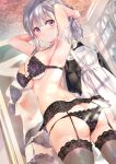  1girl armpits arms_up black_bra black_panties black_thighhighs blush bra character_request commentary_request copyright_request garter_belt grey_hair highres looking_at_viewer looking_back maid mirror ogata_tei panties purple_eyes reflection thighhighs underwear underwear_only 