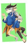  absurd_res anthro blue_clothing blue_eyes blue_topwear bottomwear brown_bottomwear brown_clothing brown_horn brown_pants clothed clothing dragon glistening glistening_eyes grey_hair hair hi_res horn kuttoyaki looking_aside looking_at_viewer male mouth_closed narrowed_eyes pants solo standing tail tail_tuft topwear tuft yellow_body 