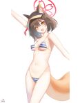  1girl absurdres animal_ears arm_up bikini blue_archive breasts brown_hair cowboy_shot eyeshadow fang fox_ears fox_tail hair_between_eyes halo highres izuna_(blue_archive) izuna_(swimsuit)_(blue_archive) makeup official_alternate_costume open_mouth pink_eyeshadow red_halo short_hair signature simple_background small_breasts smile solo striped striped_bikini swimsuit tachibana_shiori_(suica_112) tail white_background yellow_eyes 