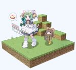  2girls animal_ears animal_hat bell block_(minecraft) block_(object) bow brown_eyes brown_hair cake cat_ears cat_feet cat_hat cat_tail choker dejiko di_gi_charat dress food gloves green_hair hair_bell hair_ornament hat highres holding jingle_bell minecraft minecraft_sword mittens morizo_(morizoshop) multiple_girls open_mouth paw_shoes puchiko ribbon ribbon_choker simple_background tail white_mittens 